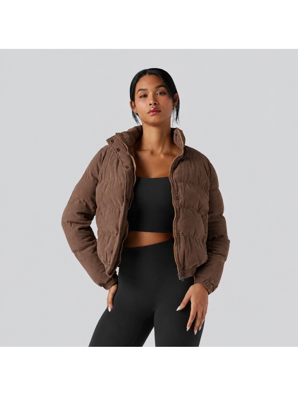 Halara Brown Corduroy Stand Collar Button Up Puffer Jacket Size XS